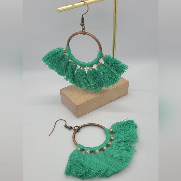 Green Boho Fringe Tassel Hoop Fan Dangle Drop Earrings Tribal Native Jewelry New - Picture 2 of 7